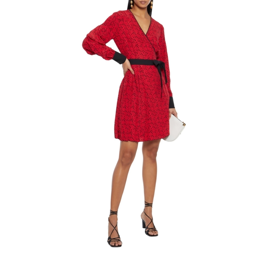 Diane Von Furstenberg Jimena Pleated Crepe de Chine Wrap Dress Red Medium *